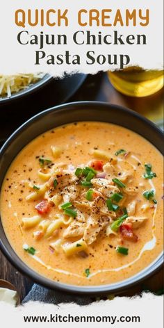 a bowl of creamy cajun chicken pasta soup