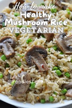 a white plate topped with mushroom rice and peas