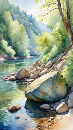 a painting of a river with rocks and trees