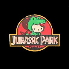 the logo for an amusement park with a cartoon character on it's face and words jurasic park