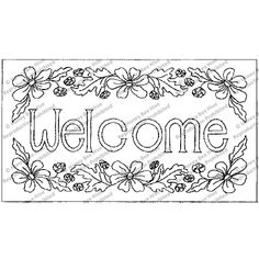 a welcome sign with flowers and leaves in the center is outlined on a white background