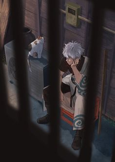 an anime character sitting on a bench next to a dog and another person behind bars