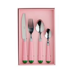 four spoons, two forks and one knife in a pink box