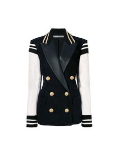 Varsity Jacket Women, Leather Varsity Jackets, Plus Size Blazer, Stylish Blazer, Blazer Designs, Classic Blazer, Fashion Weeks, Leather Sleeve, Double Breasted Blazer