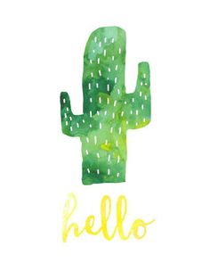 a watercolor painting of a cactus with the word hello written in gold on it