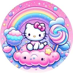 a hello kitty sitting on top of a cloud with lollipops in front of a rainbow