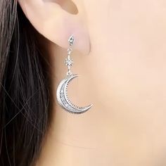 Nwot Crescent Moon And Star Dangle Earrings, Sterling Silver Star Dangle Earrings, Crescent Moon And Star, Moon And Star, Earrings Sterling Silver, Crescent Moon, Crescent, Sterling Silver Earrings, Silver Color, Onyx