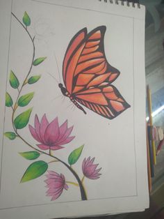 a drawing of a butterfly sitting on top of a flower