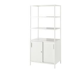 a white shelving unit with doors and drawers