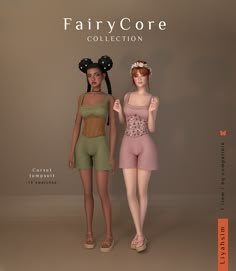 two women are standing next to each other in front of a brown background with the words fairy core collection on it