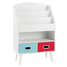 a white book shelf with two drawers and one red drawer on the bottom, next to a blue box