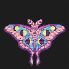 a cross stitch pattern with a pink butterfly on it's back and blue wings