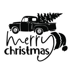 an old truck with a christmas tree in the back and merry lettering on the side