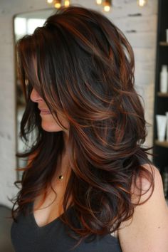 Partial Caramel Highlights On Dark Hair, Chunky Highlights, Chocolate Brown Hair Color, Dark Hair With Highlights, Caramel Highlights, Dark Brown Hair Color, Brown Hair With Highlights, Beautiful Dream