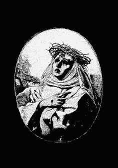 a black and white drawing of jesus in a round frame