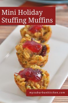 mini holiday stuffing muffins on a white plate