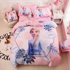 a frozen princess bedding set with pink sheets and pillowcases on the floor