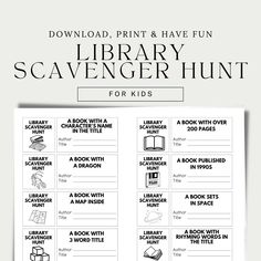 the printable library scavenger hunt for kids is shown in black and white