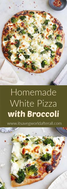 homemade white pizza with broccoli and cheese on the top is cut in half