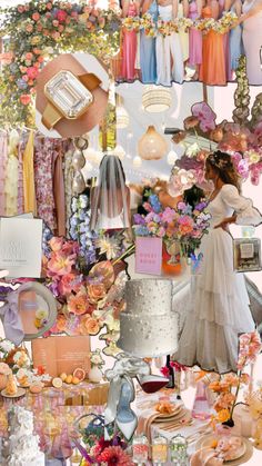 a collage of wedding and bridal items including cake, flowers, veils