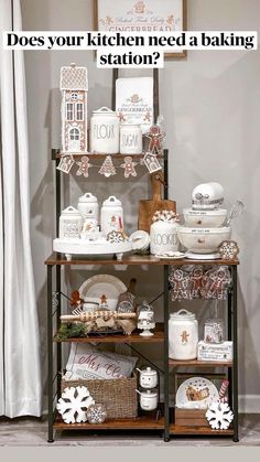 a shelf filled with white dishes and christmas decorations