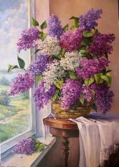 a painting of purple and white flowers in a basket on a table next to a window