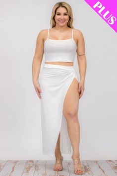 Elevate your wardrobe with our Plus Size Crop Cami & Split Thigh Maxi Skirt Set, a timeless piece that effortlessly combines style and comfort. Crafted with the utmost care and attention to detail, this garment is designed to make you look and feel your best.Key Features:Fabric: This set is made from a blend of 92% polyester and 8% spandex, offering a perfect balance of durability and stretch for a comfortable fit.Fit: Designed with a flattering plus-size cut that enhances your curves.Color Opti Maxi Skirt Set, Crop Cami Top, Jersey Style, Activewear Sets, Cropped Cami, Cami Crop Top, Plus Size Kleidung, Fabric Details, Dress Romper