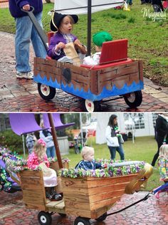 two pictures of children in a wagon with umbrellas and other items on the ground