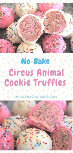 there are some cookies that have sprinkles on them and the words, no bake circus animal cookie truffles