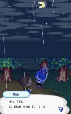 an animal crossing game with the moon in the sky and another character on the ground