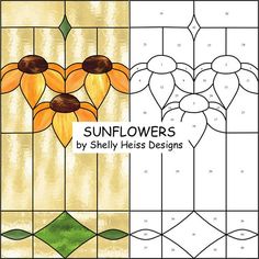 stained glass window designs with flowers and leaves on the outside, in yellow and green colors