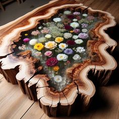 a table made out of wood with flowers in the center and water running through it