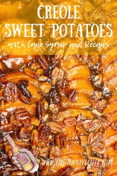 a close up of some food in a bowl with pecans on the side and text overlay that reads grooie sweet potatoes