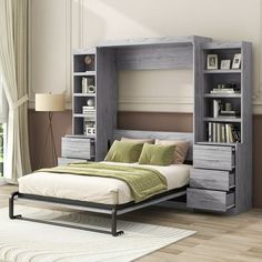 a bedroom with a bed, bookcase and dresser