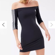 Everyday Mini Dress From Adidas Made From A Stretch Cotton In An Off-The-Shoulder Silhouette. Cut In A Bodycon Fit With Signature 3-Stripes At The Half-Length Sleeves And Trefoil Logo At The Chest. Casual Off-shoulder Bodycon Dress, Summer Stretch Adidas Dresses, Adidas Fitted Mini Dress, Fitted Adidas Mini Dress, Adidas Mini Dress For Spring, Adidas Spring Dresses, Casual Adidas Mini Length Dress, Casual Adidas Mini Dress, Adidas Summer Casual Dresses