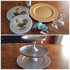 there are three plates on the table and one has a rooster painted on it's side