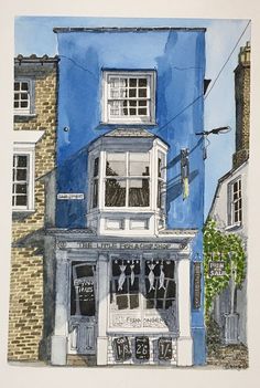 a watercolor painting of a blue building with white trim on the front and windows