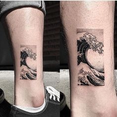 two tattoos on the legs of people with waves in them, one is black and white