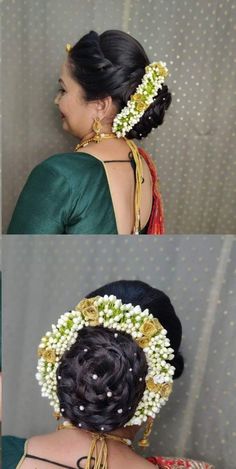 the back of a woman's head with flowers in her hair and an elaborate braid