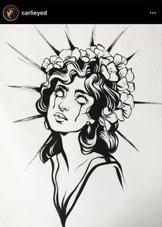 a black and white drawing of a woman with flowers in her hair, looking to the side