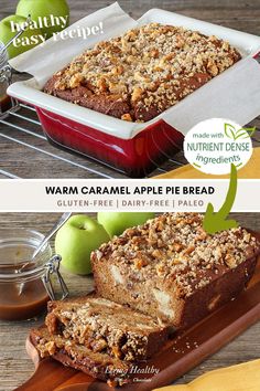 two pictures showing different types of bread in baking pans with apples and cinnamon on the side