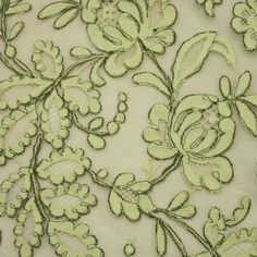 Transform any outfit into something extra special with this Light Green Floral French Corded Lace. This exquisite corded lace is sure to make a beautiful impression, perfect for weddings, galas, and other special occasions. Its detailed flowering vines and vine scroll motifs are reminiscent of French designs and offer a timelessly elegant look. The embroidered pattern of flowers and scrolling arrangements are highly complex and add intricate texture to your fabrics. The delicate edging of the lace pairs with a luxe scalloped edge to seal the deal for that final sophisticated touch. This romantic fabric is the perfect accessory for your formal occasion look with its light green hue. Make this beautiful French lace a part of your wardrobe for a timelessly elegant addition! Color Light Green Elegant Green Fabric With Intricate Embroidery, Elegant Green Embroidered Fabric With Intricate Embroidery, Elegant Green Embroidered Fabric, Elegant Green Intricate Embroidery Fabric, Elegant Green Embroidered Fabric For Spring, Lace Fabric Texture, French Designs, Embroidered Patterns, Green French