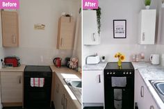 before and after photos of a small kitchen