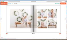 an open photo book with pictures of children sitting on a bench in front of christmas wreaths