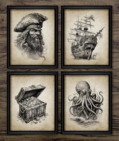 four framed pictures with an octopus, pirate ship and other items in them on a wooden surface