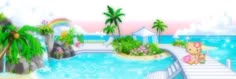 a digital painting of a pool with a teddy bear sitting on the dock next to it