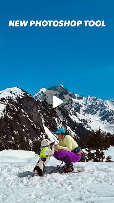 two people on skis in the snow with mountains in the background and text that reads new photoshop tool