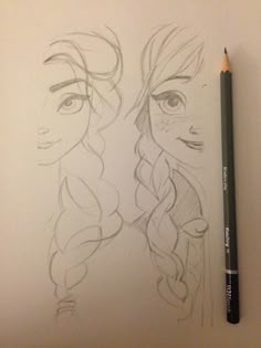 a pencil drawing of two girls with long hair and one has her eyes closed, while the other is drawn