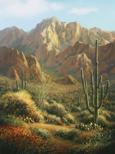 a painting of a desert with mountains in the background and cactus plants on the ground