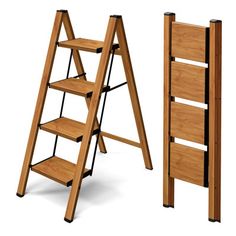 a wooden ladder next to a shelf with shelves on each side and an open bookcase